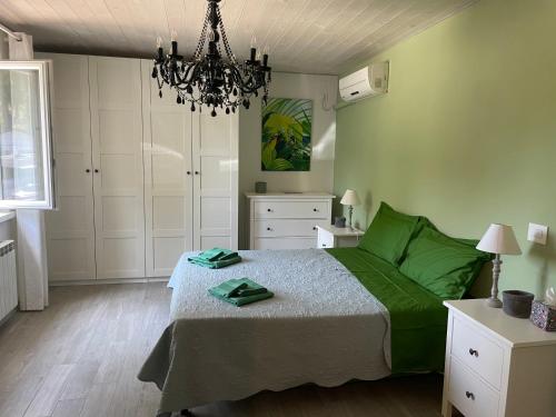 a green bedroom with a bed and a chandelier at Tenuta di Quaranta in Amaroni