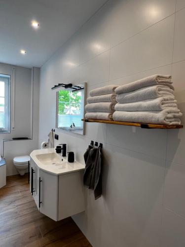 een badkamer met een wastafel en handdoeken op een plank bij Ferienwohnung zum Scheibe-See in Hoyerswerda