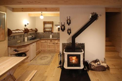 a kitchen with a wood stove in a room at Domek w górach SmoLenisko in Nowy Targ