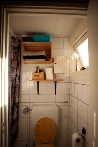 a small bathroom with a toilet and a window at Knus boshuisje onder de eiken in Ermelo