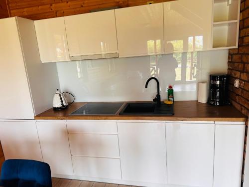a kitchen with white cabinets and a sink at Wierzbowa Dolina Mielno in Mielno