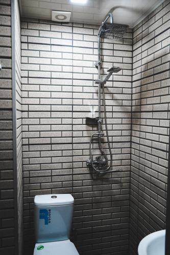 a bathroom with a toilet and a shower at Fiten house in Stepantsminda