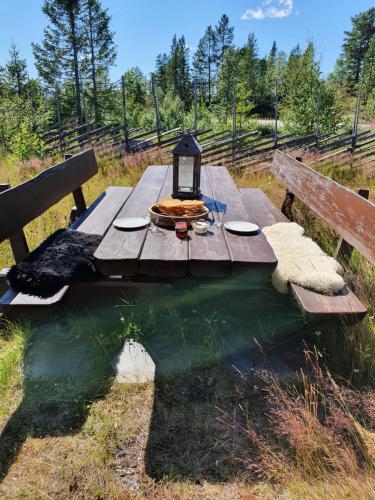 a picnic table with a plate of food on it at Luxurious, well-Equipped and modern Cabin by the Cross-Country Ski Trails in Eggedal