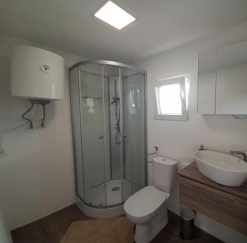 a bathroom with a shower and a toilet and a sink at Tiny House Lily with jacuzzi in Sveti Filip i Jakov