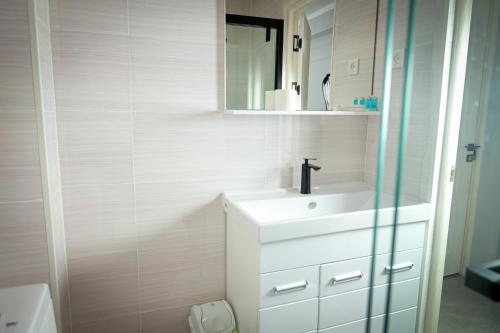 y baño con lavabo y espejo. en Hotel Borjomi, en Shymkent