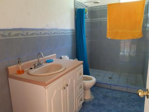 a bathroom with a sink and a shower and a toilet at Chalet El Paraiso in Escuintla