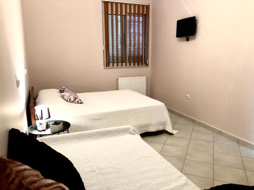una camera con due letti e una tv di ΑquaView a Gythio