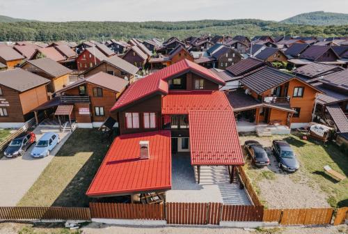 una vista aérea de una casa con techos rojos en Pensiunea Suzanne Băile Figa, en Beclean