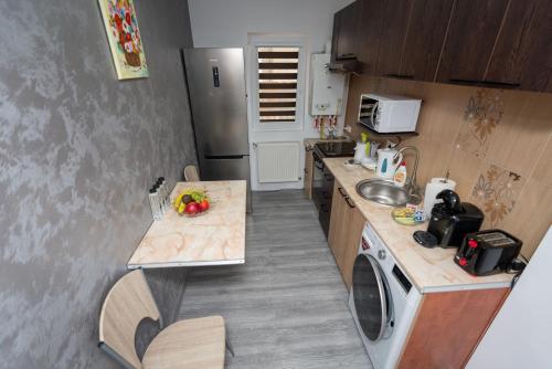 a small kitchen with a sink and a dishwasher at Hotel Studio Titan in Bucharest