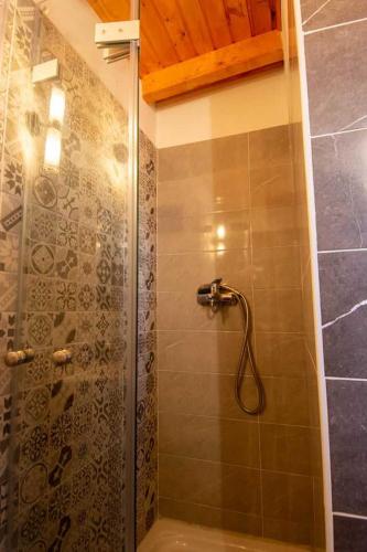 a shower with a glass door in a bathroom at Fotios Roof apartment in Acharavi