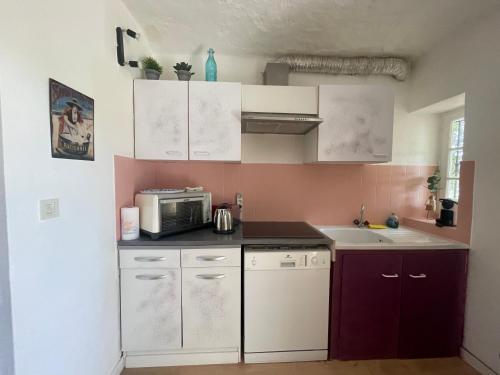 une cuisine avec des armoires blanches et un micro-ondes dans l'établissement Charmant logement avec jardin sur la vallée de Patrimonio, à Patrimonio