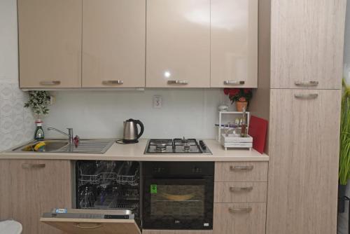 韋利基德凡尼克的住宿－Veronika，厨房配有白色橱柜和炉灶烤箱。