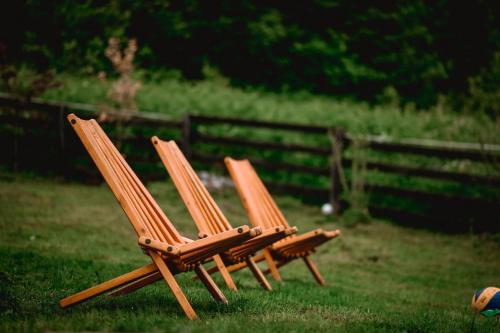 two chairs sitting in the grass in a yard at Planinska Koliba ABA-TARA in Bajina Bašta