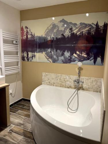 a bathroom with a bath tub with a painting on the wall at Un doux refuge in Soldeu lʼHospitalet
