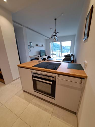 a kitchen with a stove and a counter top at Apartment Augenweide in Annenheim
