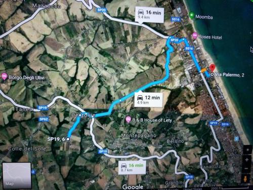 a map of a road with blue and red at Three bedroom Entire place in Roseto degli Abruzzi