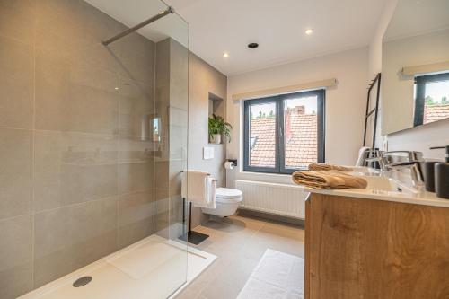 a bathroom with a shower and a toilet and a sink at Villa Dianga (De Haan) in De Haan