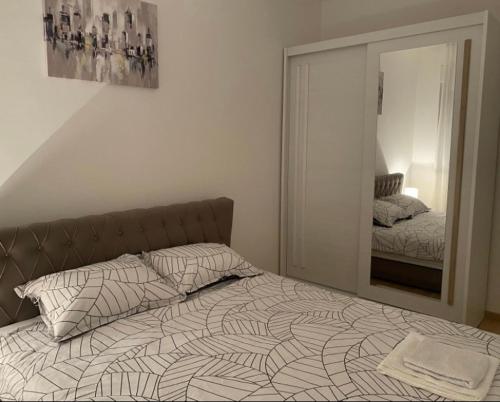 1 dormitorio con 1 cama grande y espejo en Apartman Moni, en Banja Luka