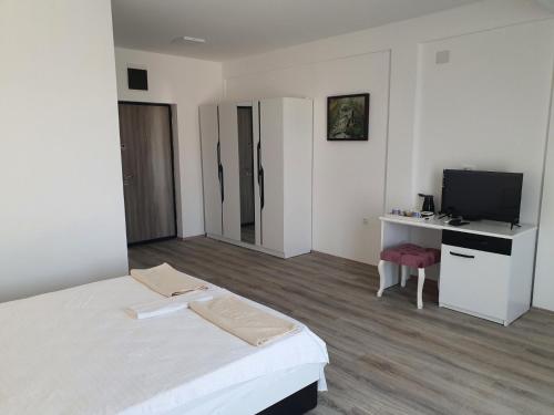 Schlafzimmer mit einem Bett, einem Schreibtisch und einem TV in der Unterkunft Vesna Lake Apartments in Veles