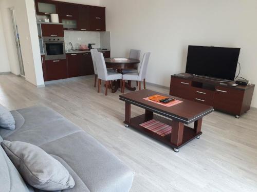 a living room with a couch and a table with a tv at Vesna Lake Apartments in Veles