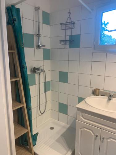 une salle de bain avec douche et lavabo dans l'établissement Maison J&J, à Porto-Vecchio