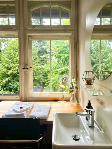 a kitchen with a sink and two windows at Villa Bergruh in St. Gallen