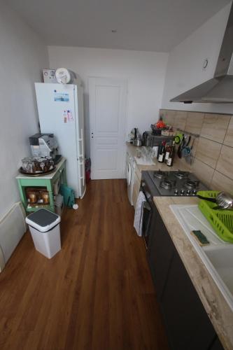 a kitchen with a refrigerator and a wooden floor at Super appartement avec belle luminosité en plein centre ville de Sisteron in Sisteron