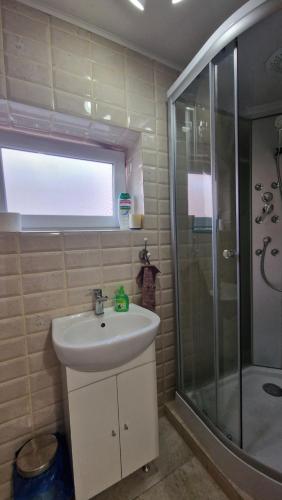a bathroom with a sink and a shower at Ambasador in Sibiu