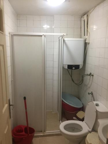 a bathroom with a shower stall and a toilet at SARIMSAKLI MEYDANINDA DENİZE 0 1+1 EŞYALI DAİRE in Ayvalık