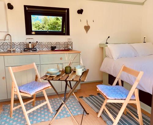 Staple Cross的住宿－Apple Orchard Shepherd Huts，厨房配有桌子、两把椅子和一张床