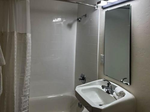 La salle de bains est pourvue d'un lavabo, d'un miroir et d'une baignoire. dans l'établissement Pasco WA, à Pasco