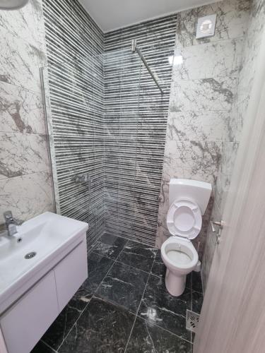 a bathroom with a white toilet and a sink at Kahari Apartments in Ulcinj
