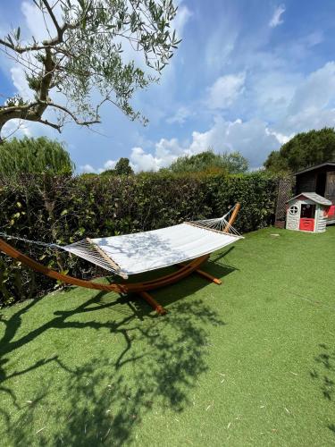 ein Boot, das auf dem Rasen auf einem Hof liegt in der Unterkunft Casa vacanza a Capalbio in Nunziatella