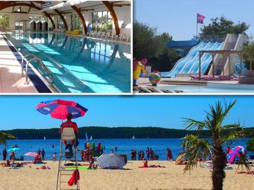 deux photos d'une plage avec un toboggan aquatique et des gens dans l'établissement Mobil Home 829-4 accès piscines inclus en Juillet-Aout dès 4 nuitées, à Gastes