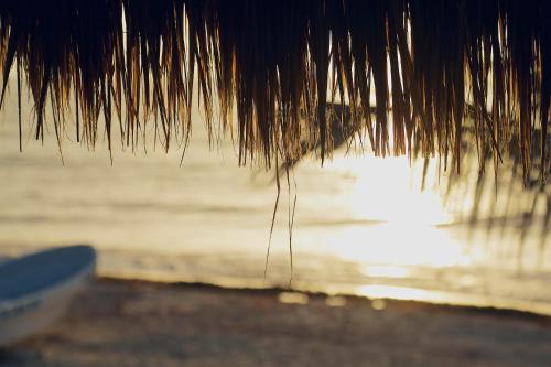 ein Strohdach am Strand mit dem Ozean im Hintergrund in der Unterkunft La Conchita Tulum in Tulum