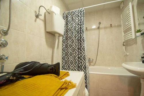 La salle de bains est pourvue d'un lavabo et d'un rideau de douche. dans l'établissement Centar stan na dan za do 4 osobe, à Novi Sad