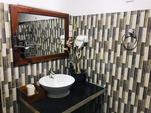 een badkamer met een wastafel en een spiegel bij Sunshine Resort & Spa Sigiriya in Sigiriya