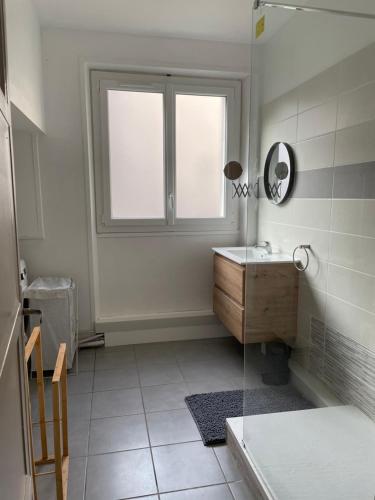 a bathroom with a sink and a mirror and a window at Le Cosy in Blois