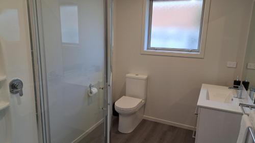 a bathroom with a toilet and a shower and a sink at South City Accommodation unit 4 in Invercargill