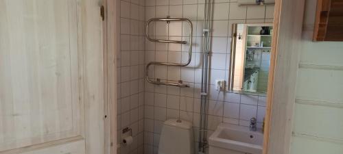 y baño con aseo, lavabo y espejo. en Vackert belägen lägenhet i Gesunda en Sollerön