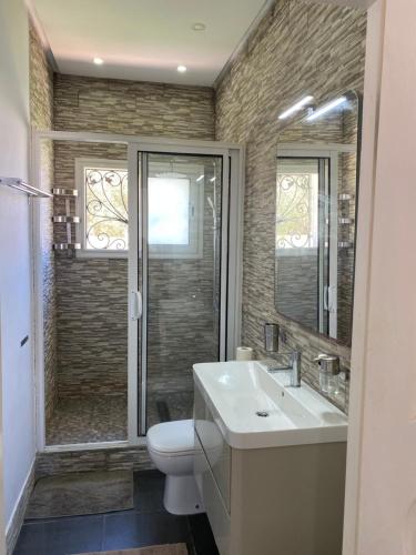 een badkamer met een toilet, een wastafel en een douche bij Belle Villa Avec Piscine sans vis a vis in Midoun