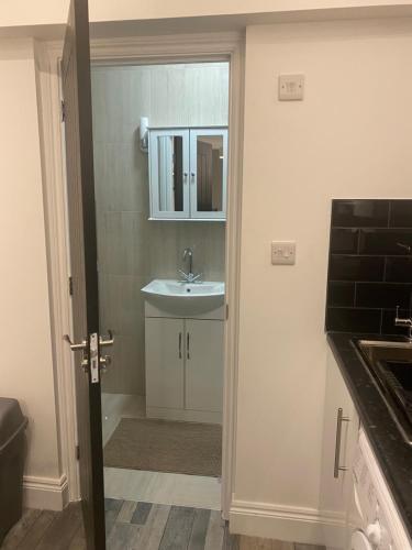 W łazience znajduje się umywalka i lustro. w obiekcie Exeter Garden for 2 w mieście Ilford