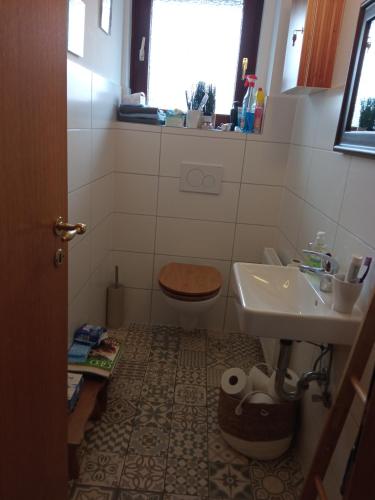 a small bathroom with a sink and a toilet at Gemütliches Zimmer in Einfamilienhaus in Rehlingen
