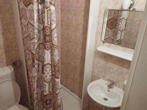 a bathroom with a shower curtain and a sink at Apartments by the sea Podaca, Makarska - 21547 in Zaostrog