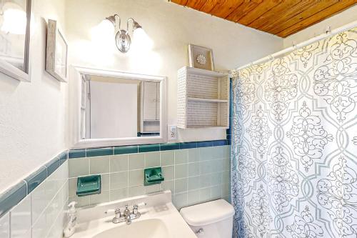 ein Bad mit einem Waschbecken, einem WC und einer Dusche in der Unterkunft Lake June Resort #9 in Lake Placid