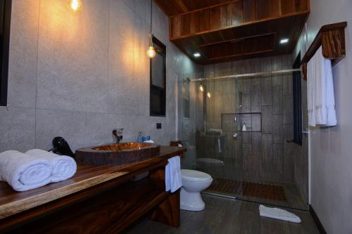a bathroom with a sink and a toilet and a shower at Casa Zafiro in Monteverde Costa Rica