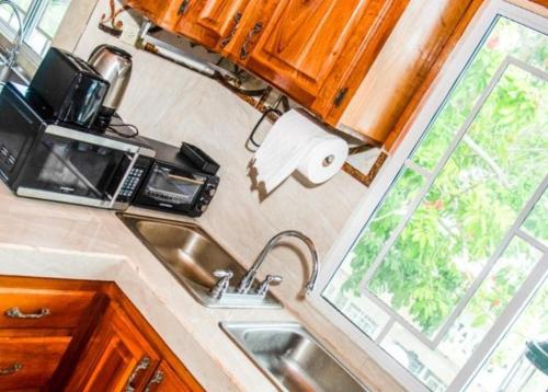 a kitchen with a sink and a microwave and a tv at Dela de-Rose Guest House Negril Jamaica in Negril
