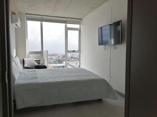 1 dormitorio con 1 cama, TV y silla en Torre Ifreses Moras2, en San José