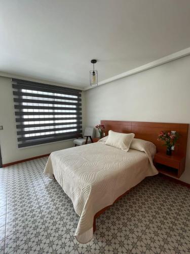 um quarto com uma cama grande e uma janela em Casa Sol em Oaxaca de Juárez