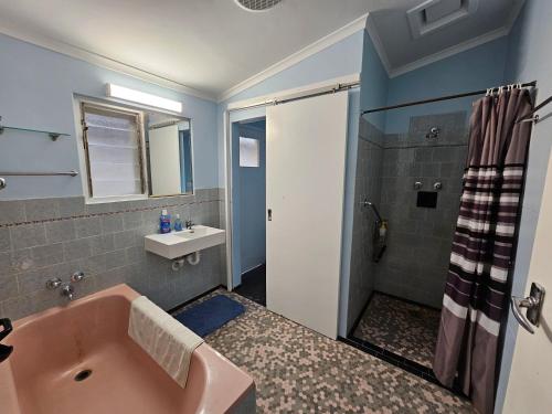 a bathroom with a pink tub and a sink at Spacious Holiday Home-Ramco in Waikerie